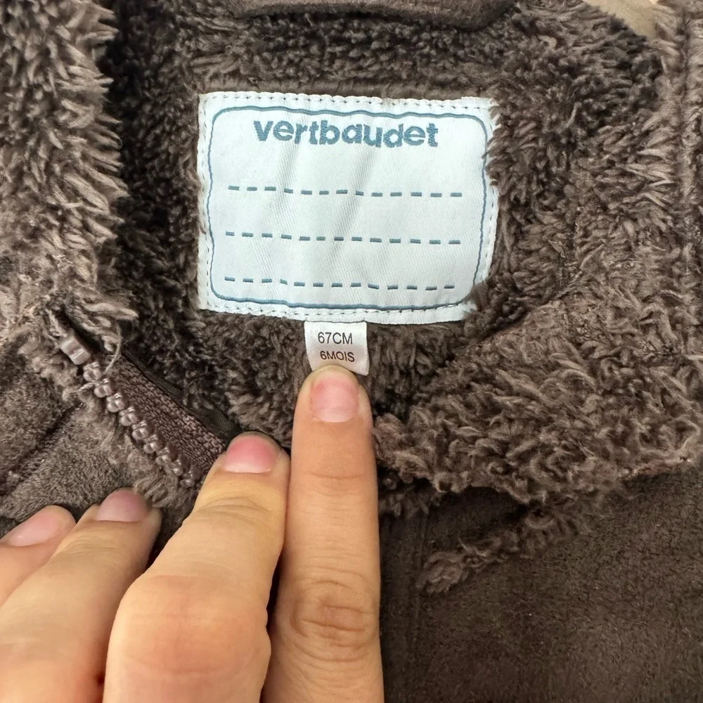 Vertbaudet Chocolate Brown Sherpa Lined Coat 6M Toggle Hood Cozy Scandi Chic